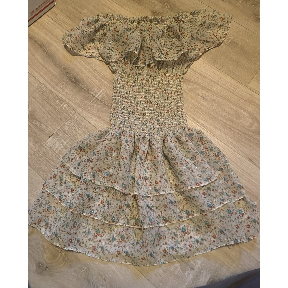Zara Basic Floral Off Shoulder Smocked Mini Dress Boho Tiered Ruffle Size S